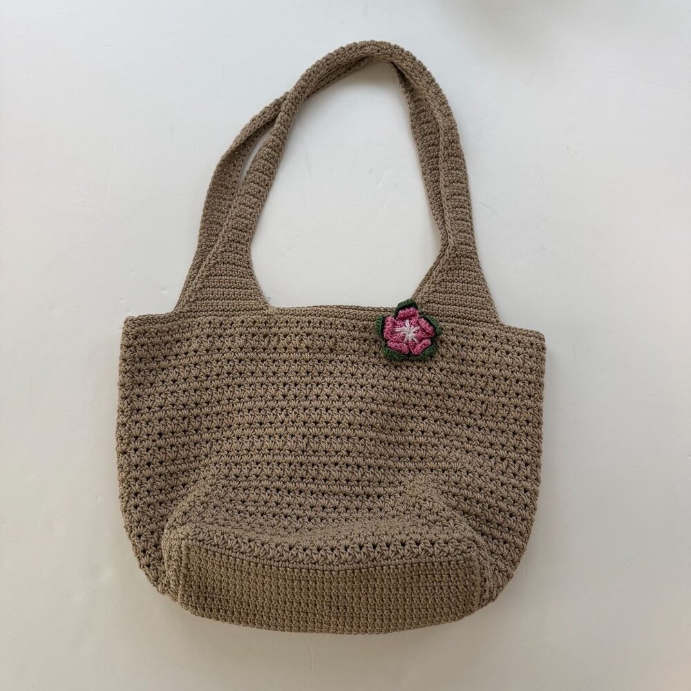 The SAC Beige Crochet Tote Shoulder Bag Pink Flower Accent